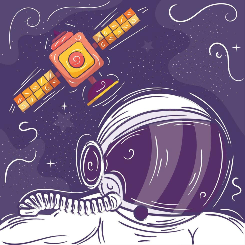 Cute chalkboard sketch of an astronaut and a space station Vector illustration