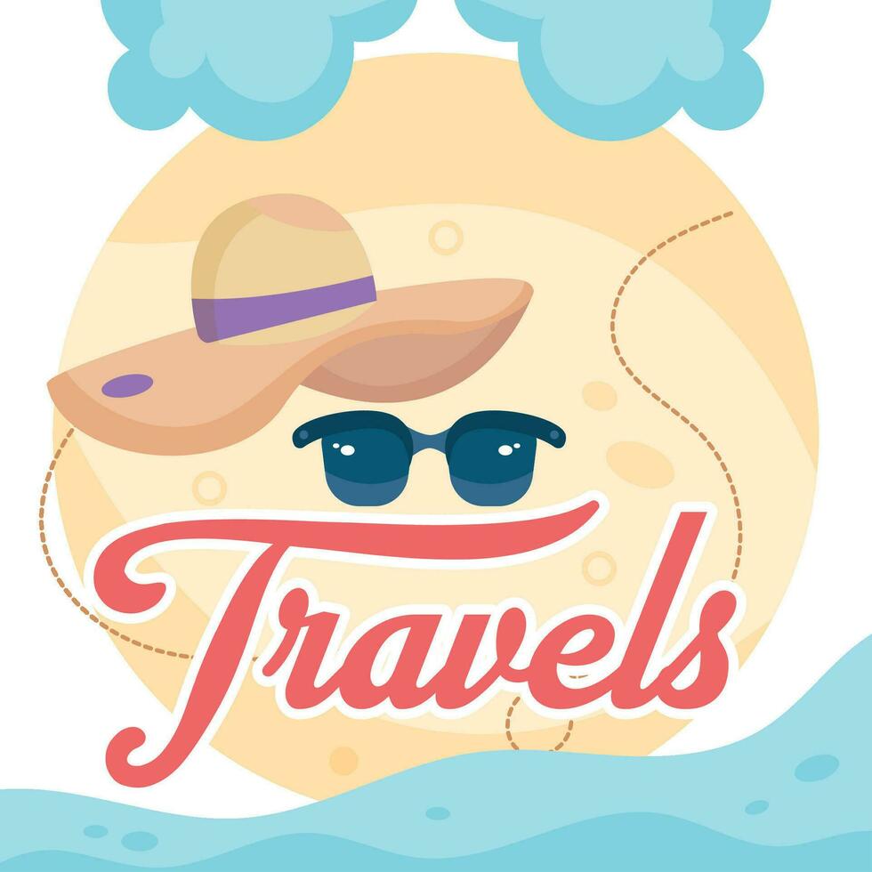 Summer hat and sunglasses Pastry colored travel poster Vector illustration