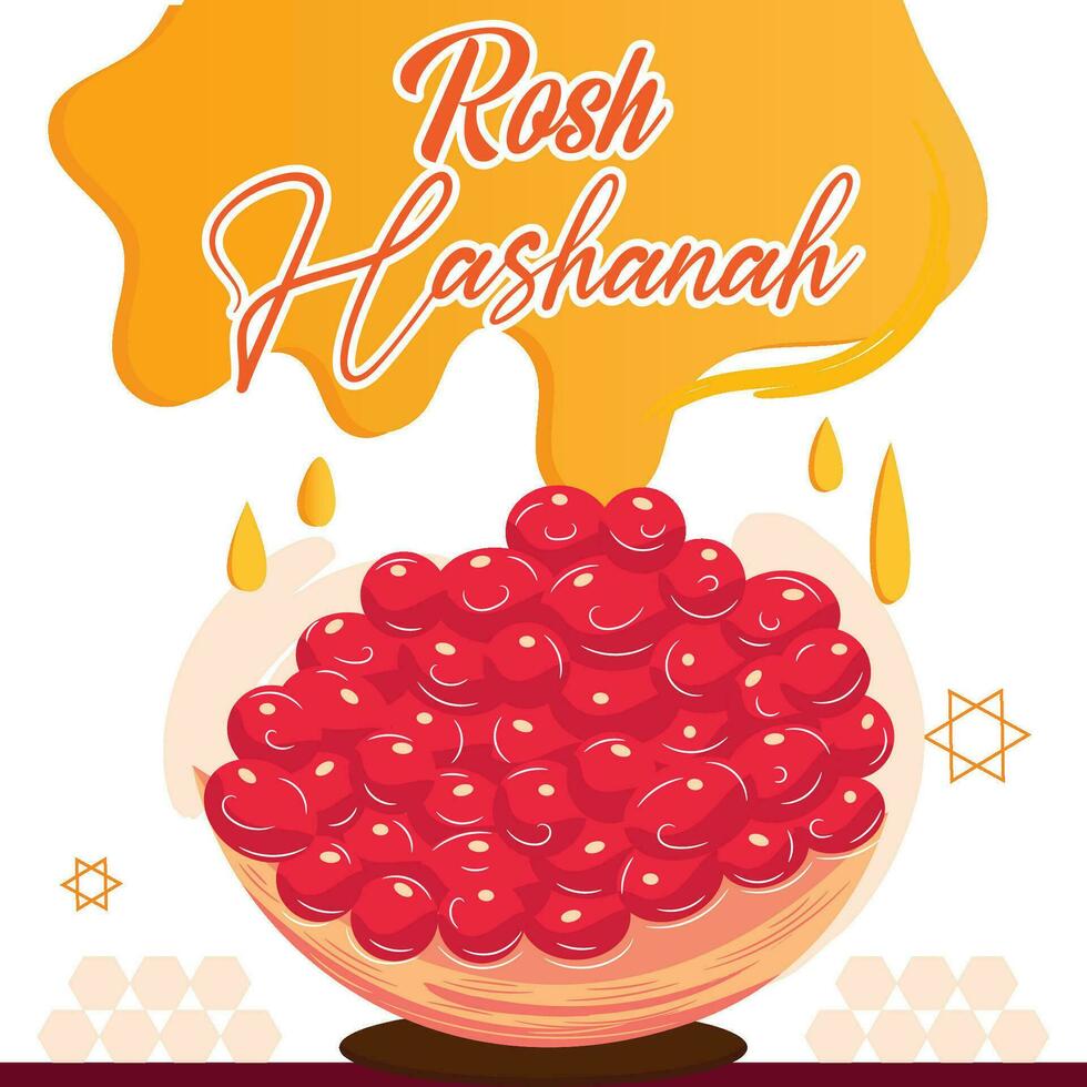 Colored rosh hashanah poster with a cut pomegranate and honey Vector illustration