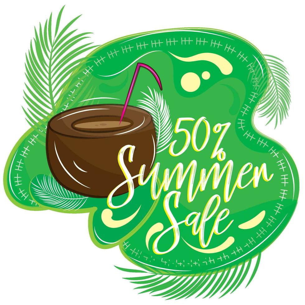 Colored summer sale banner with cocktail on coconut Vector illustration