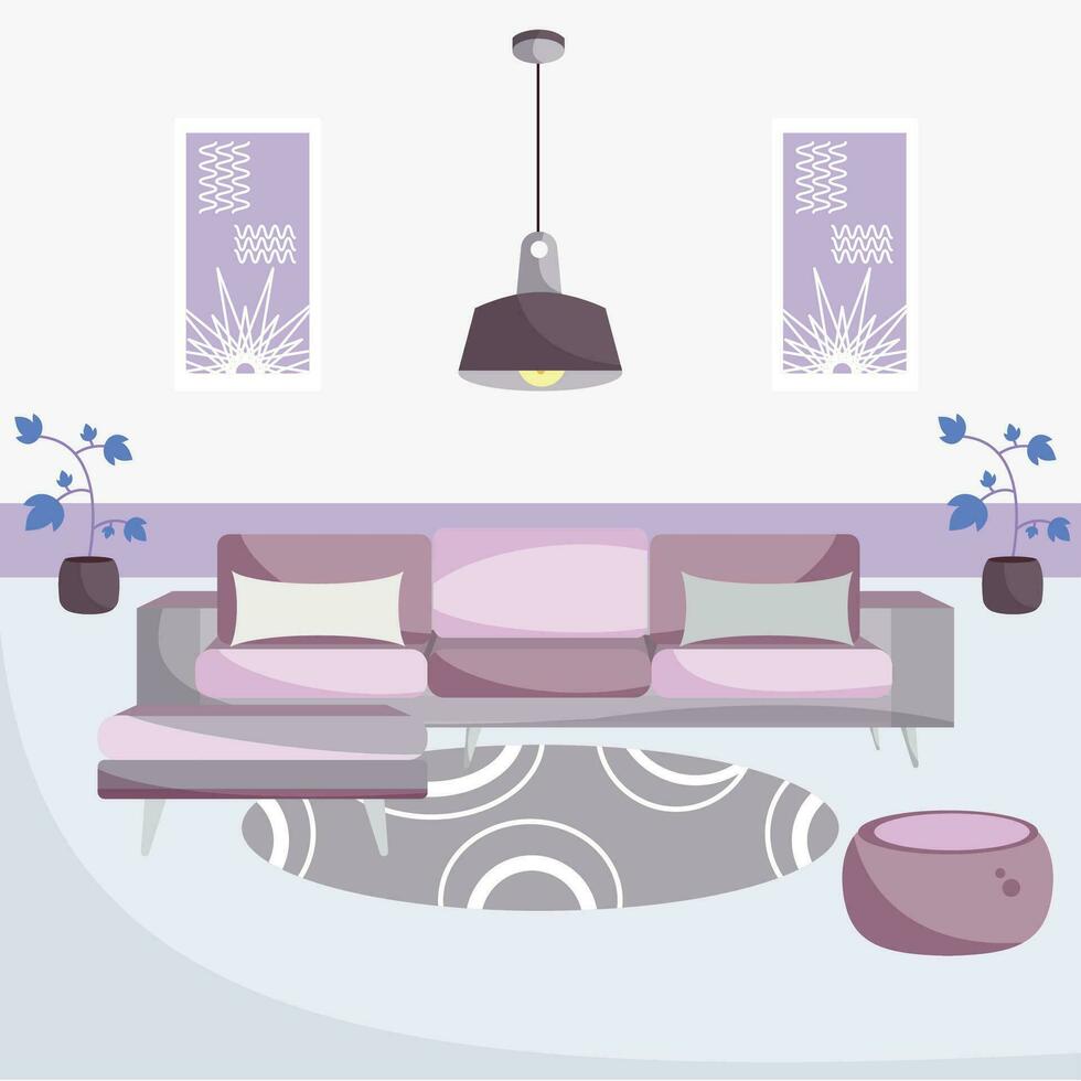 Colored living room with carpet lamp and couch Indoor design Vector illustration