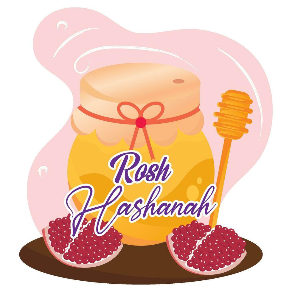 Cute rosh hashanah poster Honey har with cut pomegranates Vector illustration