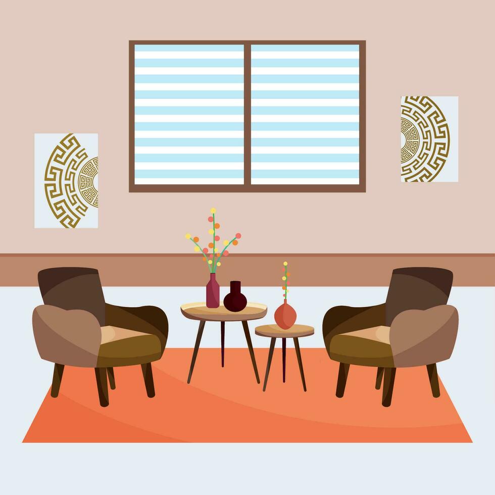 Colored living room with group of chairs and carpet Indoor design Vector illustration