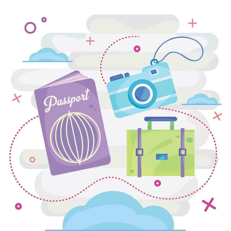 Passport suitcase and camera Pastry colored travel poster Vector illustration