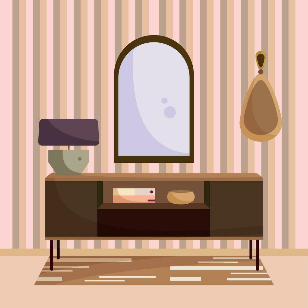 Colored living room with furniture and mirror Indoor design Vector illustration