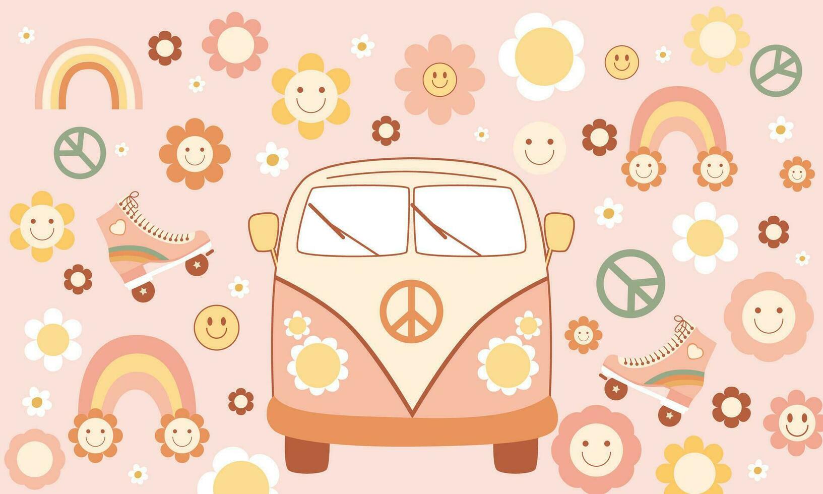 Baby groovy background with retro vintage car, minivan, roller skates, smiling flowers, daisy, rainbow, peace symbol. Vector design, 70s cute wallpaper for kids in pastel pink color.