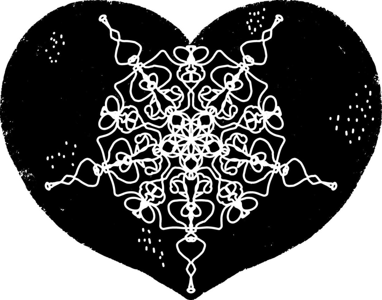 a black and white drawing of a snowflake in a heart vector