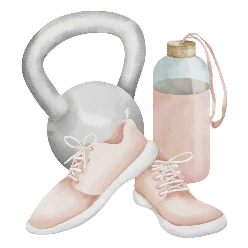 Sneakers with water bottle and kettlebell on isolated background. Hand drawn watercolor female Fitness equipment illustration. Drawing of pink Sports shoes for women and dumbbell for icon or logo vector