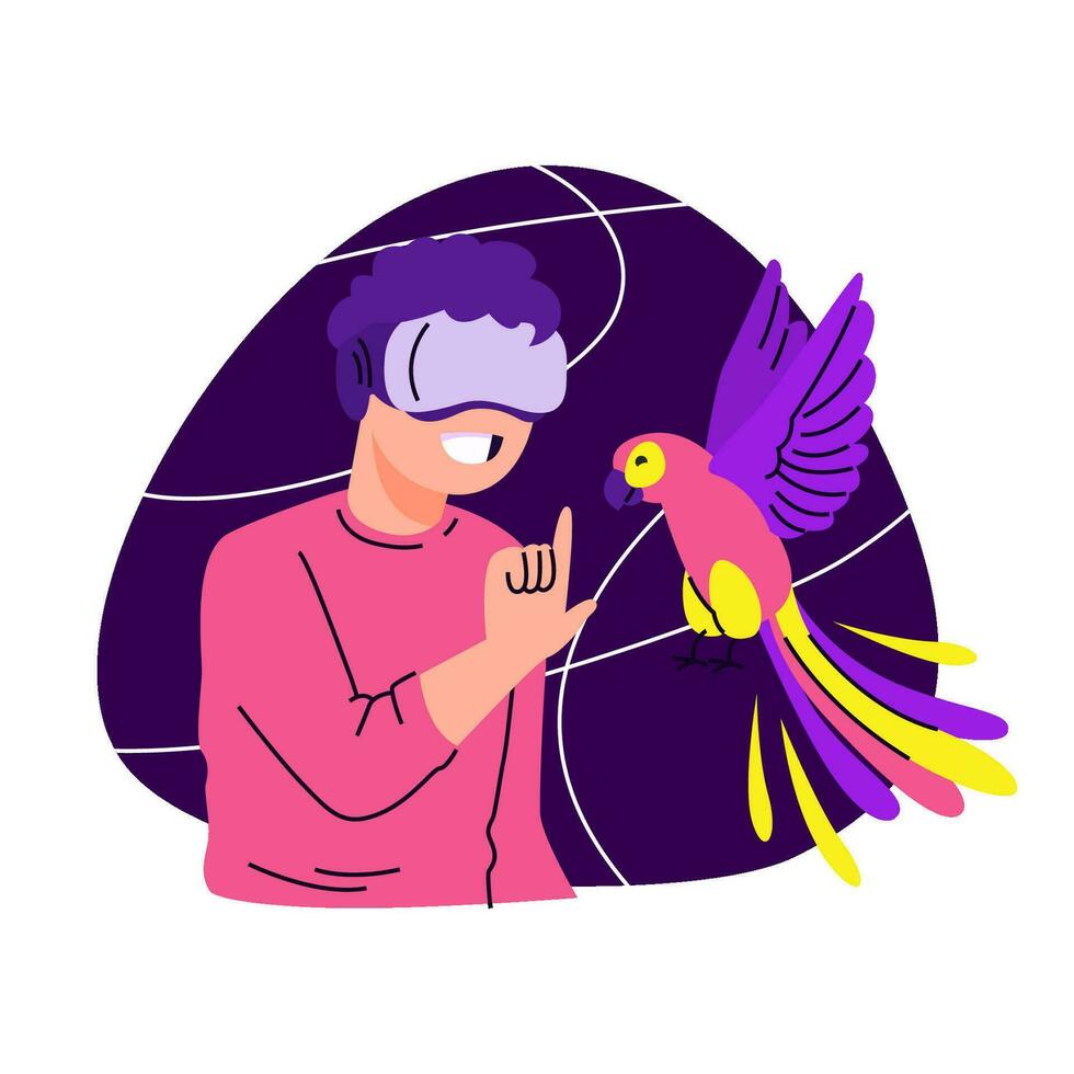 Man in a Virtual reality headset tries to touch a bright parrot. vector