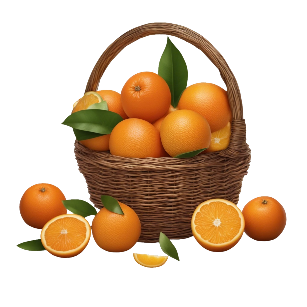 A Basket of orange with green leaves AI Generated png