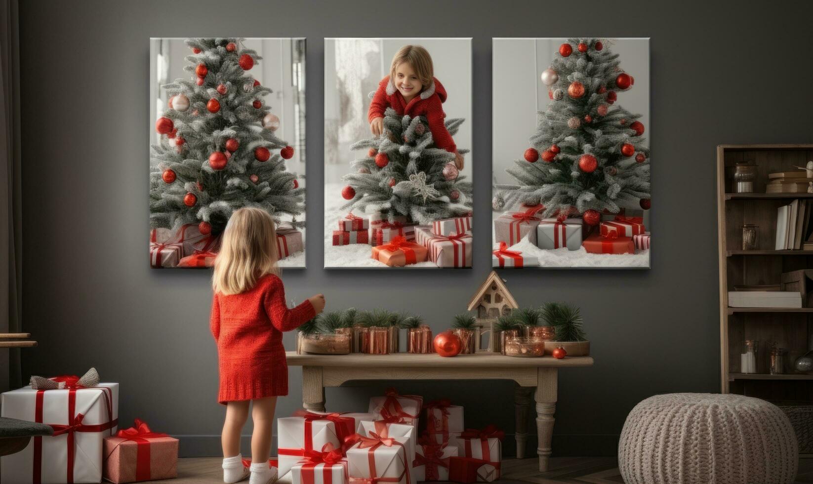 Mother and kids sitting around the christmas tree with christmas present. photo