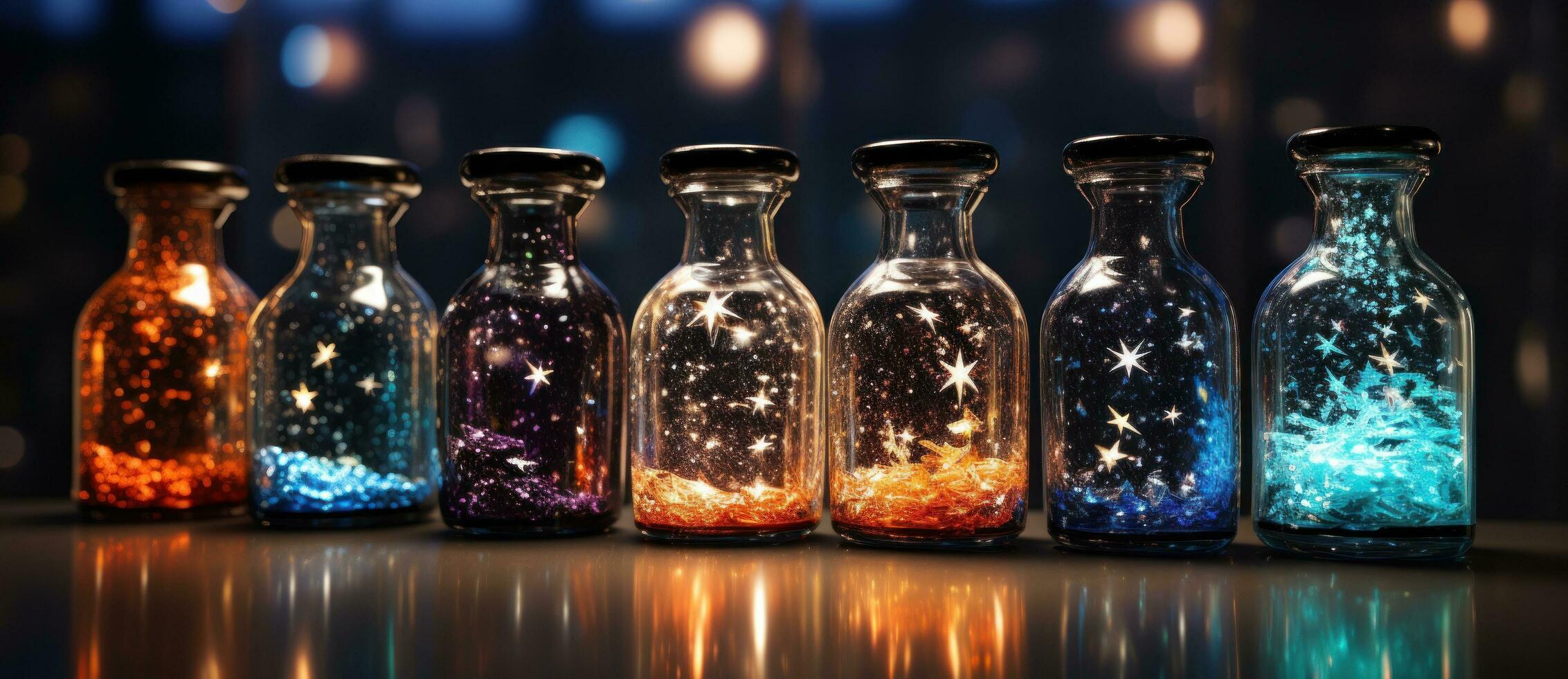 A kitchen counter lit with some bottles photo