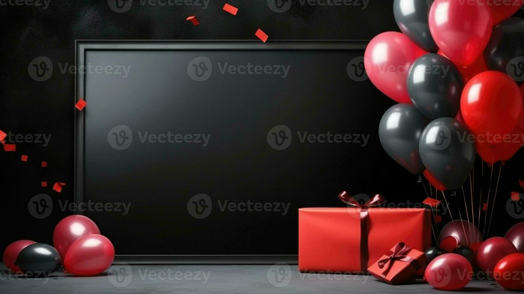 Festive balloons and gift boxes on dark background. Generative AI photo