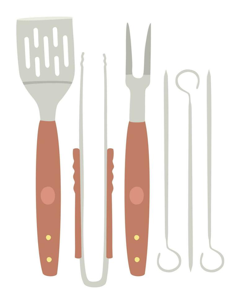 Barbecue set. Grill spatula, barbecue tongs, barbecue fork, skewers. Vector isolated collection