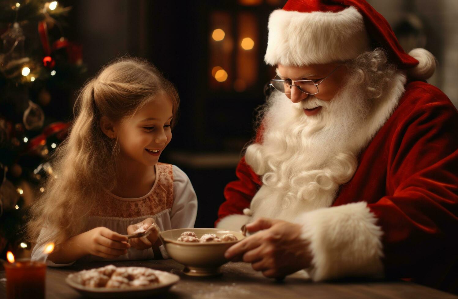 Children making cookies with santa claus in their kitchen photo