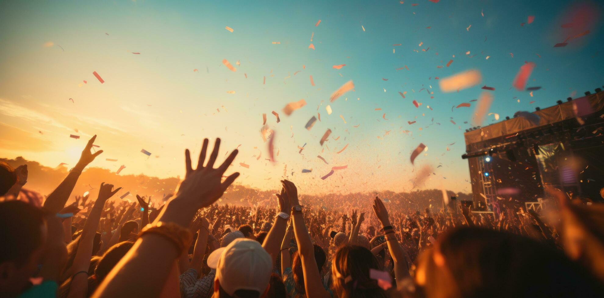 An evening at an outdoor music festival with confetti flying photo