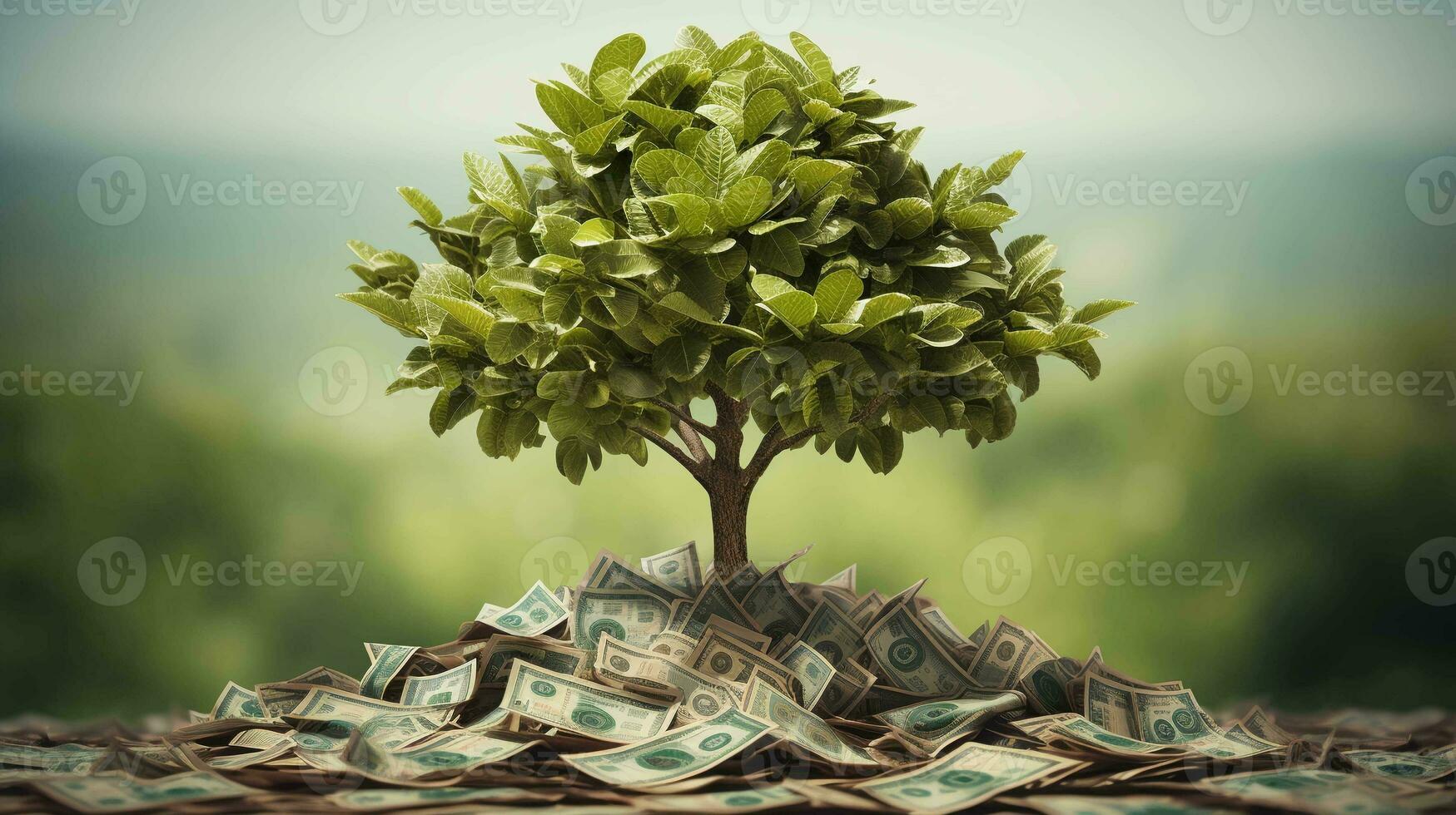 Money Blossoms. Tree Flourishing on a Pile of Cash for Investment and Financial Growth Concepts photo