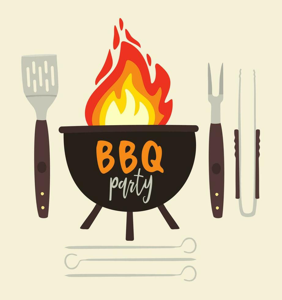 Grill barbecue. Vector illustration of bbq objects with lettering