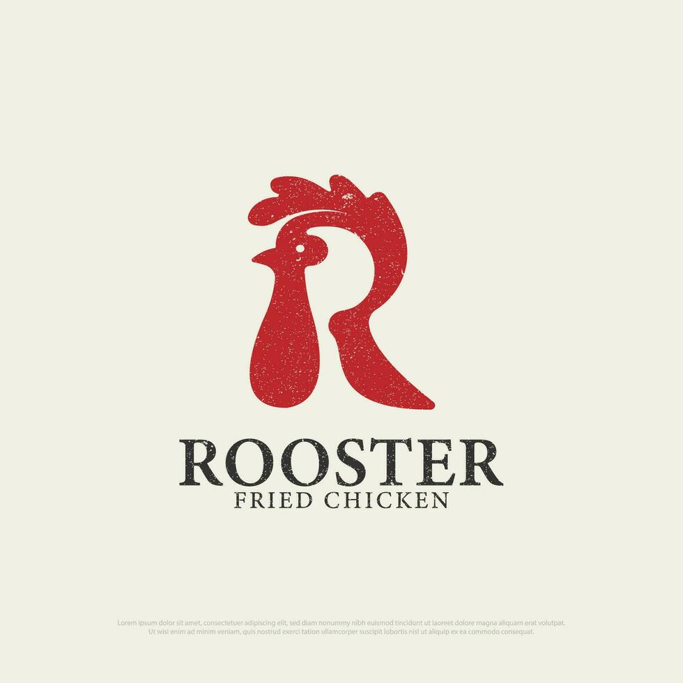 Letter R Rooster Fried chicken logo design with grunge style, letter R, Rooster silhouette vector illustration