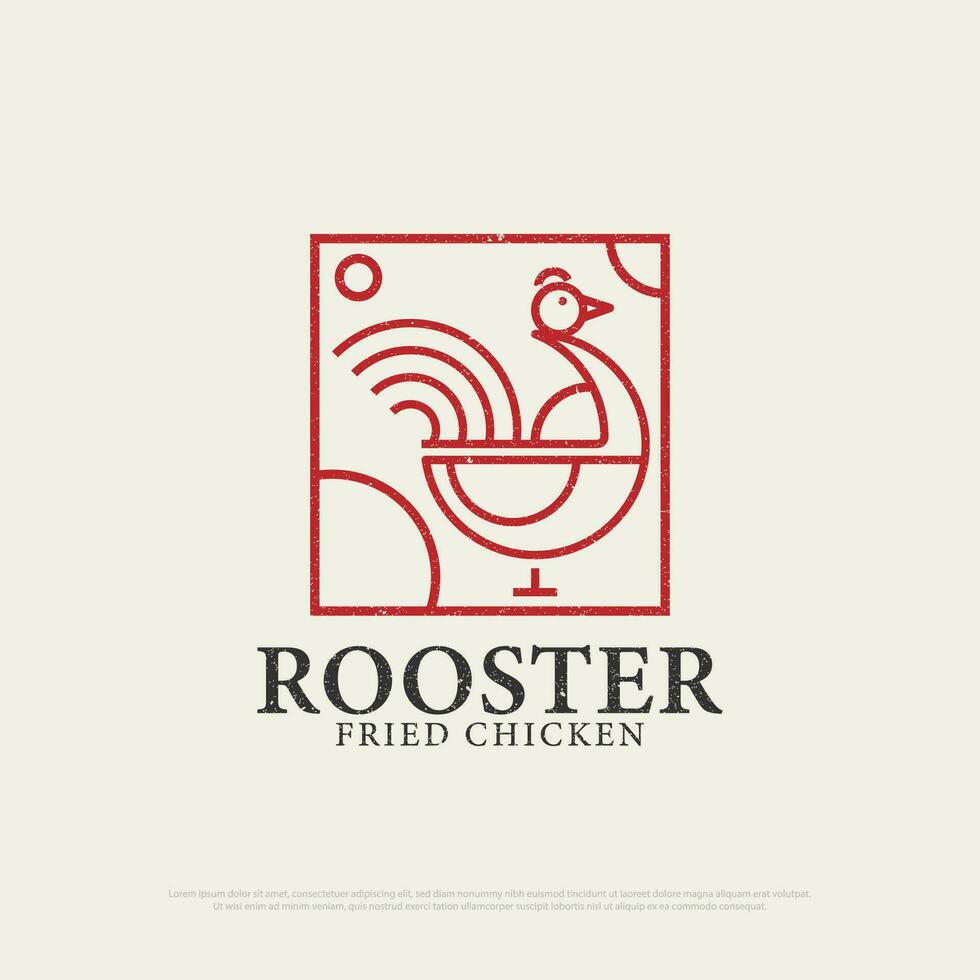 Monogram Chicken Rooster restaurant logo design with grunge style, retro outline fried chicken restaurant vector illustration