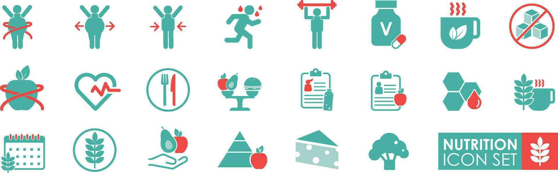 Set of Nutrition. Solid icon simple style. It contains wellness, well-being, mental health, food, Vector illustration