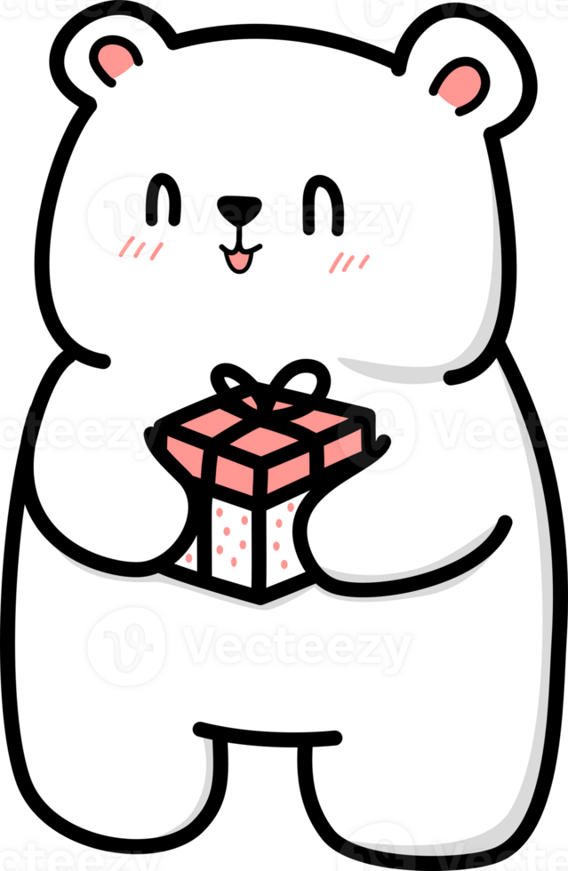 Happy white bear holding a gift box flat outline cartoon png
