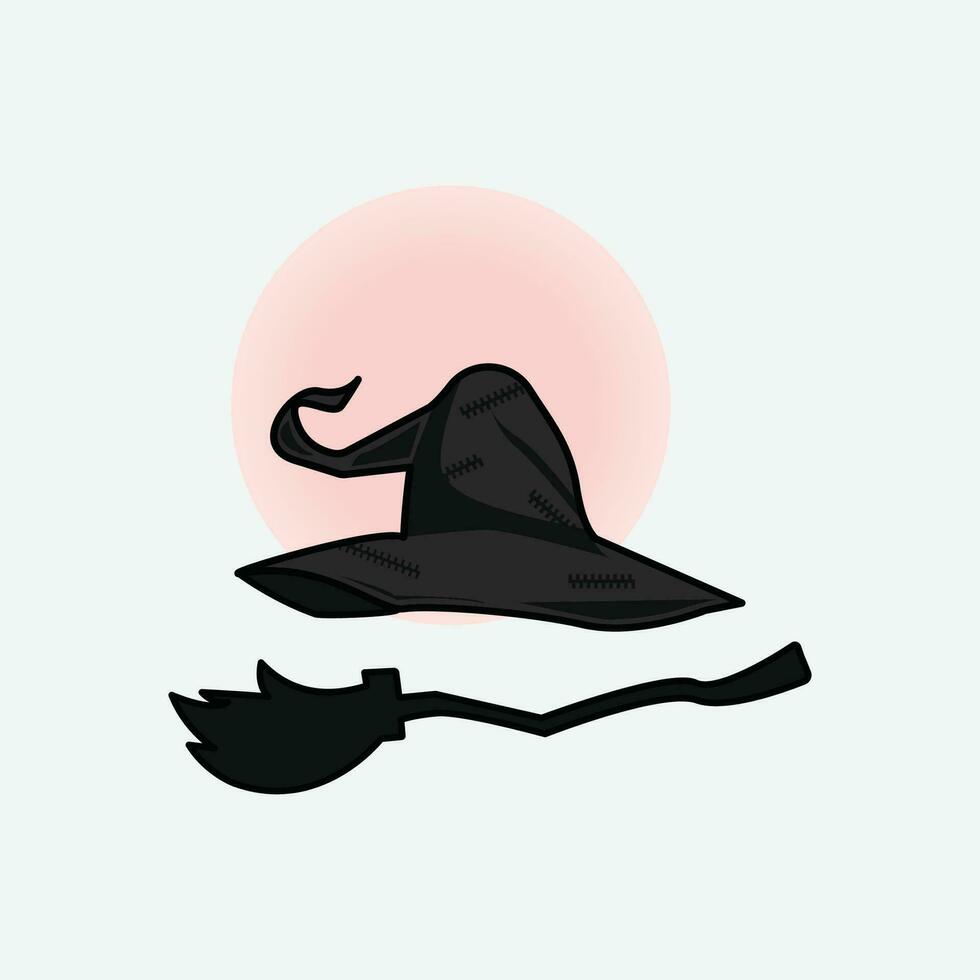 Hat and broomstick witches logo icon simple vector design