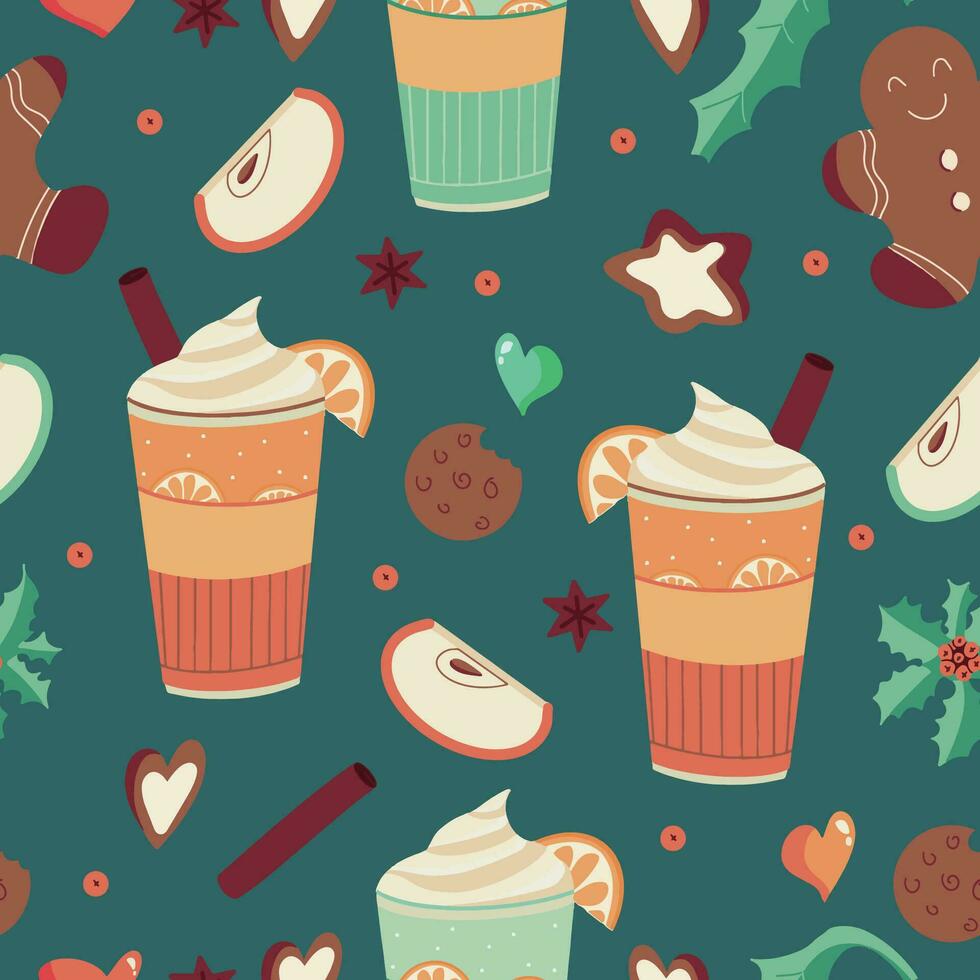 Seamless ornament with winter treats - gingerbread, warming drinks, spices. Hand drawn Christmas and New Year elements for designer wrapping paper. Vector