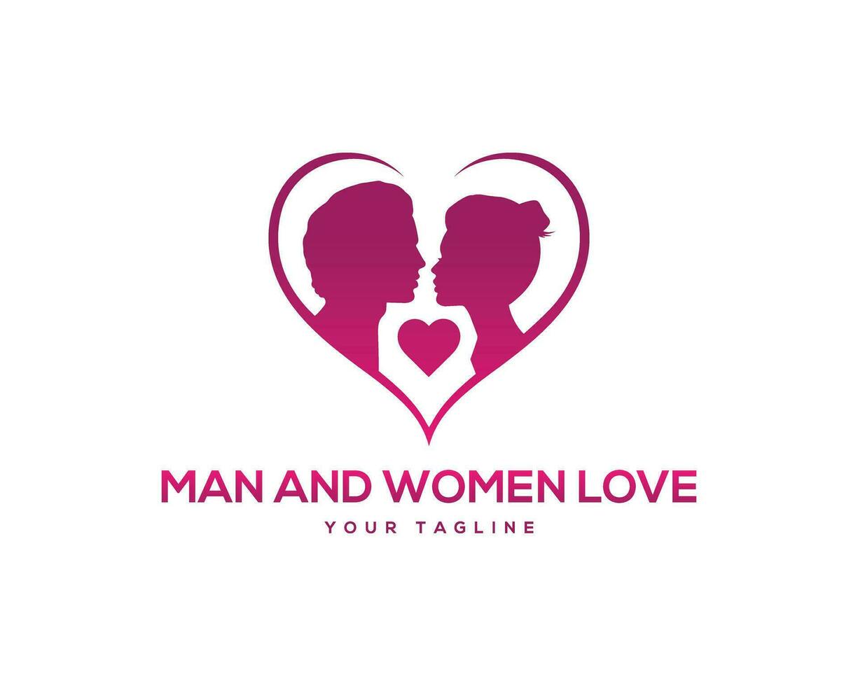 Love Heart Valentine Logo Design With Couple Silhouette Logo Inspiration Vector Template.