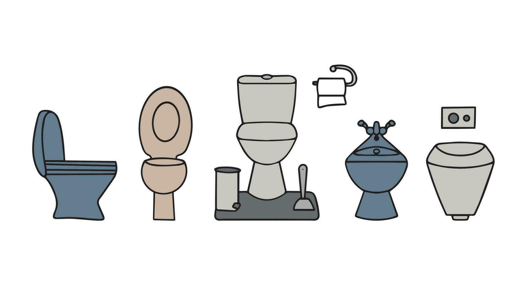 Toilet bowl. Hand drawn home toilet vector illustrations set. Vector illustration