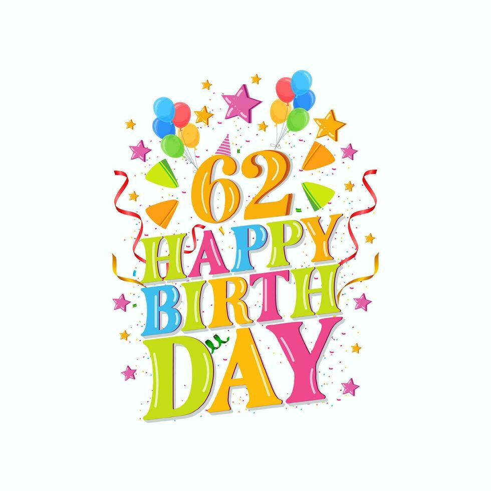 62 years happy birthday logo with balloons, vector