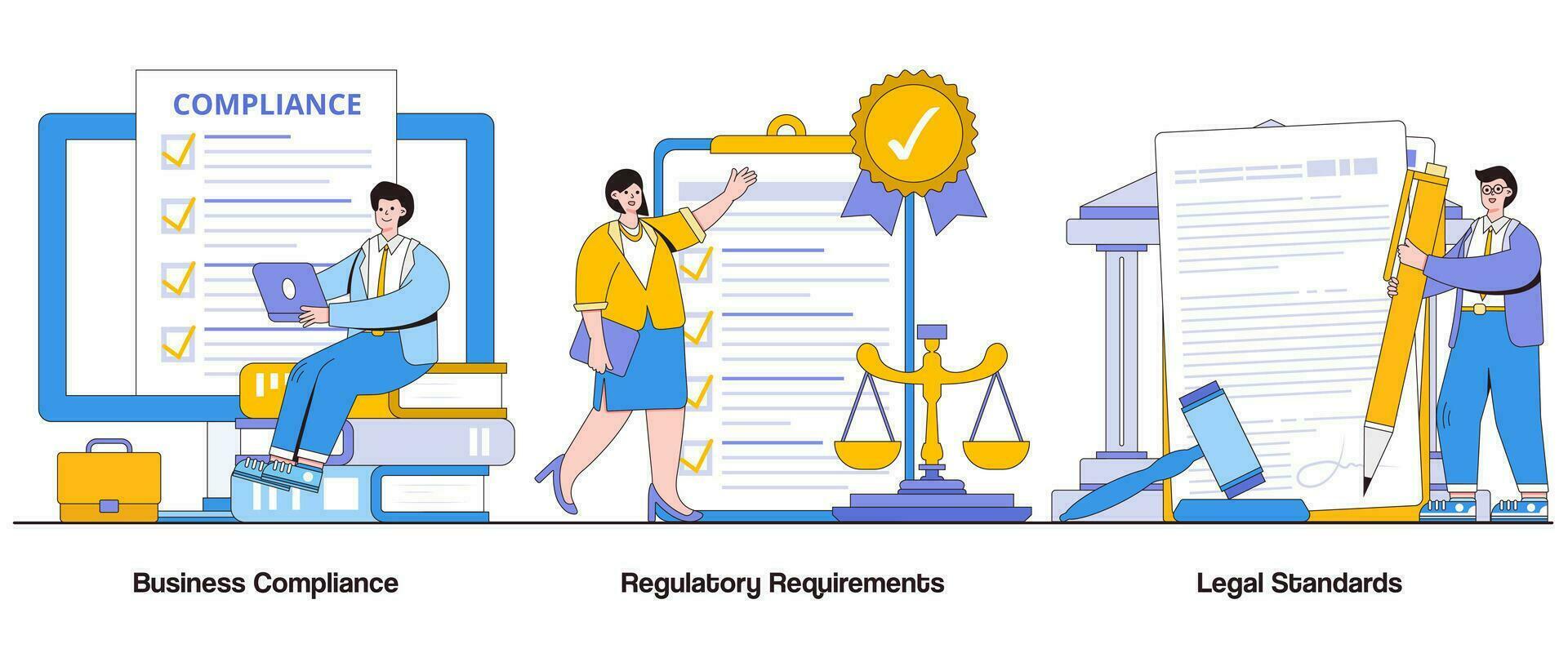 Business compliance, regulatory requirements, legal standards concept with character. Compliance management abstract vector illustration set. Risk mitigation, ethical conduct, regulatory adherence