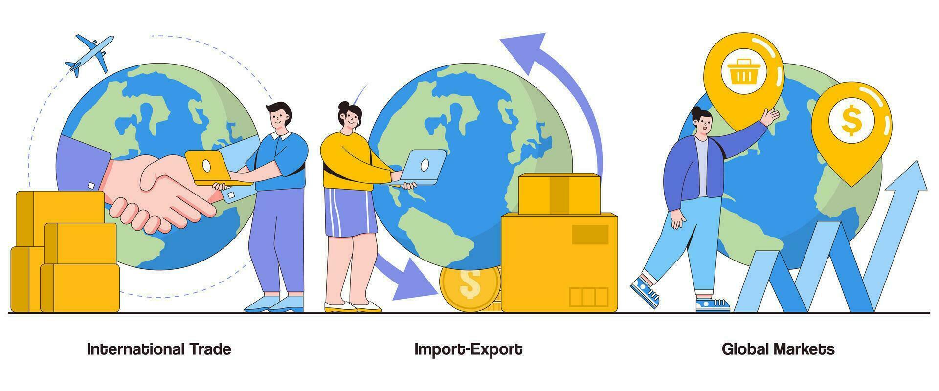 internacional comercio, importación y exportación, global mercados concepto con personaje. global negocio resumen vector ilustración colocar. comercio acuerdos, mercado expansión, transcultural comunicación metáfora