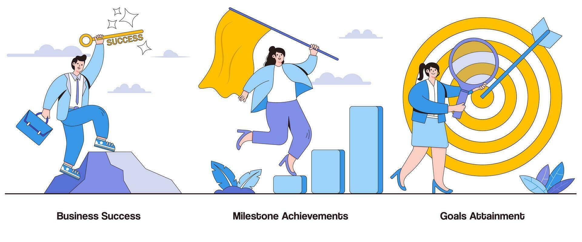 Business success, milestone achievements, goals attainment concept with character. Success journey abstract vector illustration set. Entrepreneurial milestones, strategic wins, growth milestones