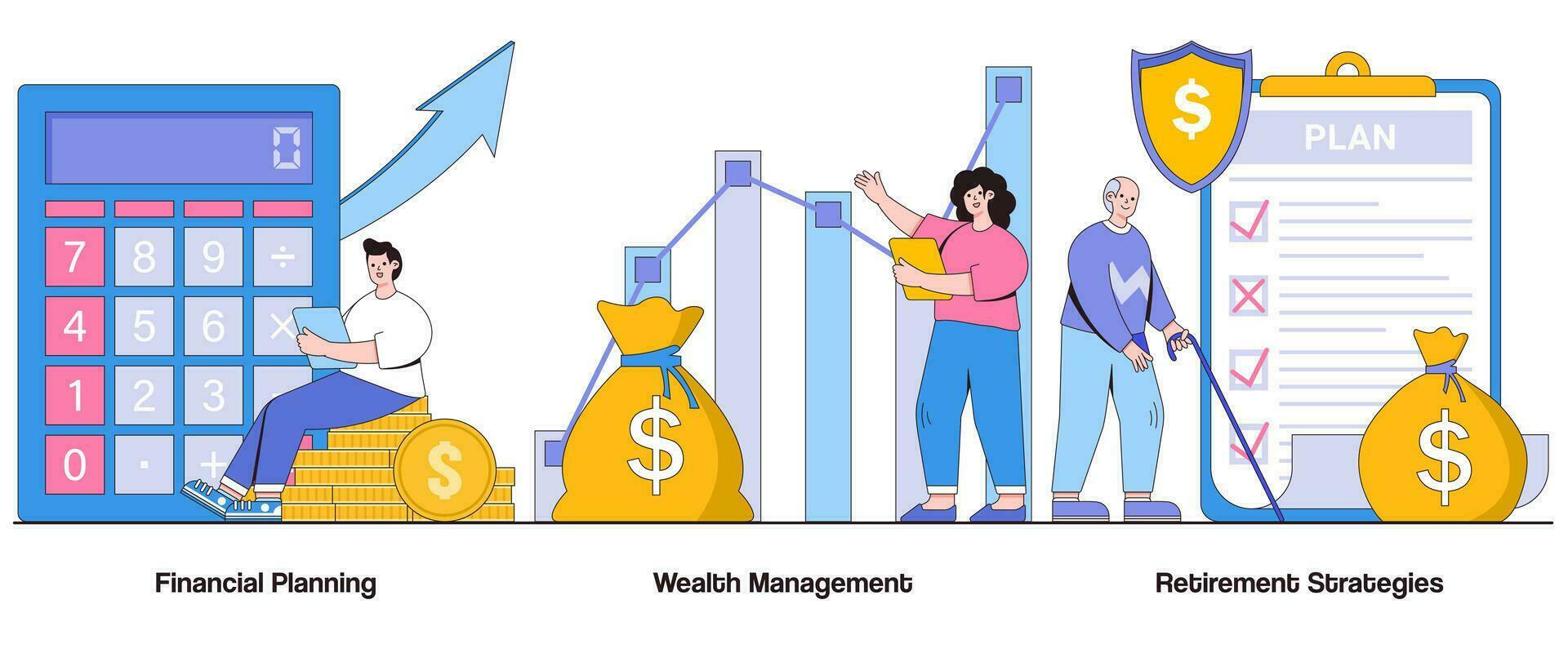 Financial planning, wealth management, retirement strategies concept with character. Financial security abstract vector illustration set. Asset allocation, long-term goals, financial independence