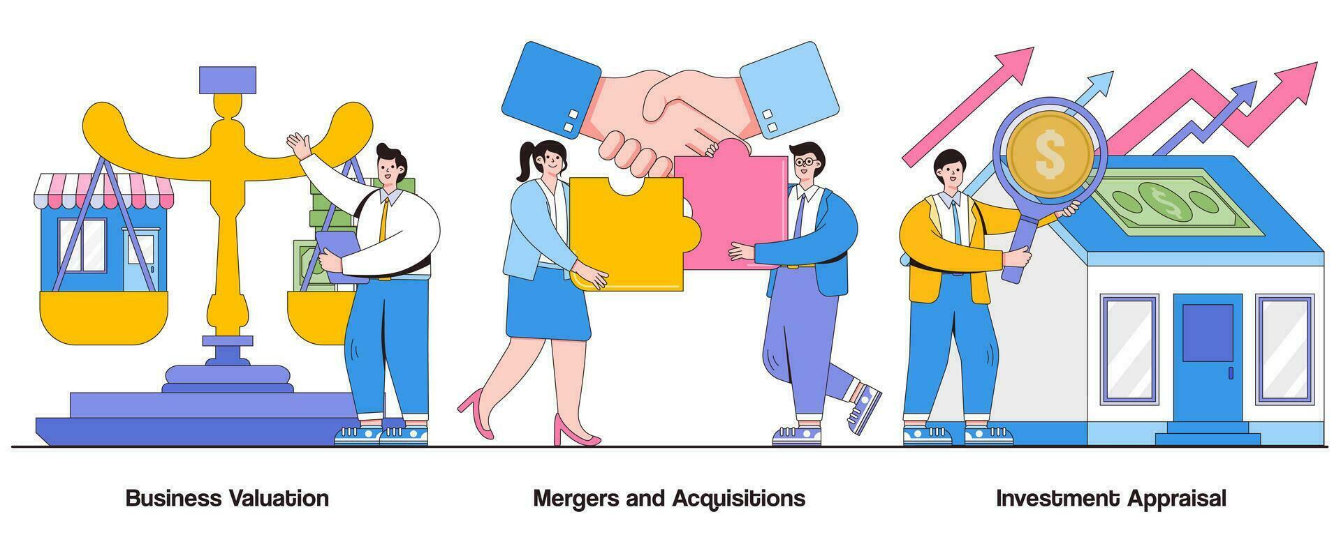 Business valuation, mergers and acquisitions, investment appraisal concept with character. Corporate finance abstract vector illustration set. Business valuation methods, due diligence metaphor