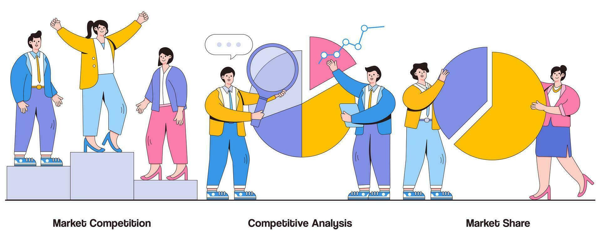 mercado competencia, competitivo análisis, mercado compartir concepto con personaje. competitivo paisaje resumen vector ilustración colocar. diferenciación estrategias, competitivo ventaja metáfora