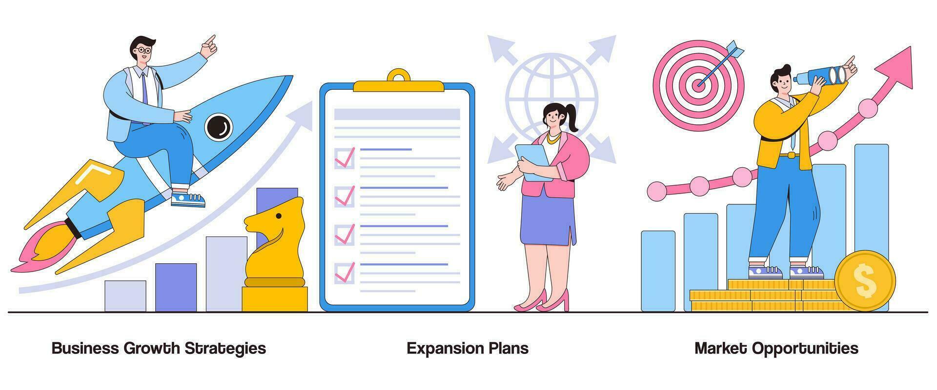 Business growth strategies, expansion plans, market opportunities concept with character. Growth-oriented business abstract vector illustration set. Market exploration, strategic expansion metaphor