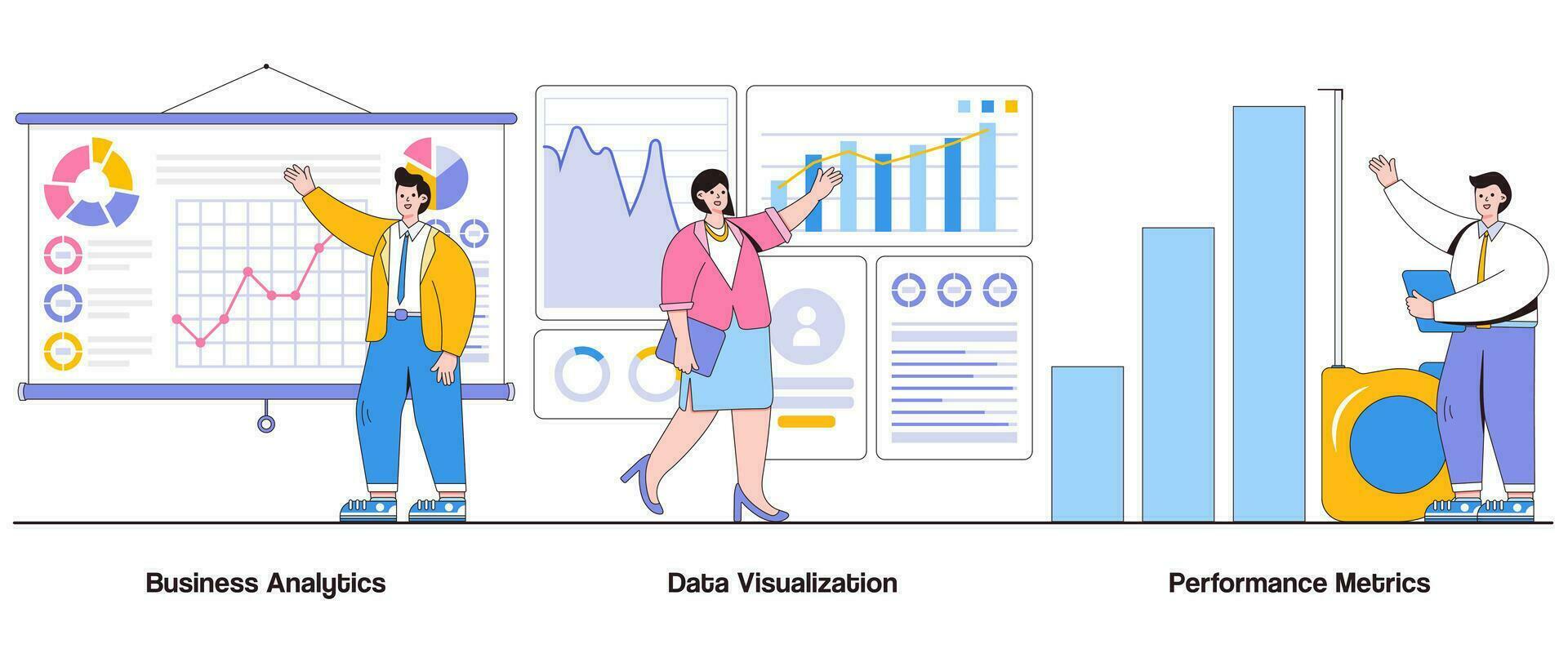 Business analytics, data visualization, performance metrics concept with character. Data-driven decision-making abstract vector illustration set. Insights extraction, predictive analytics metaphor