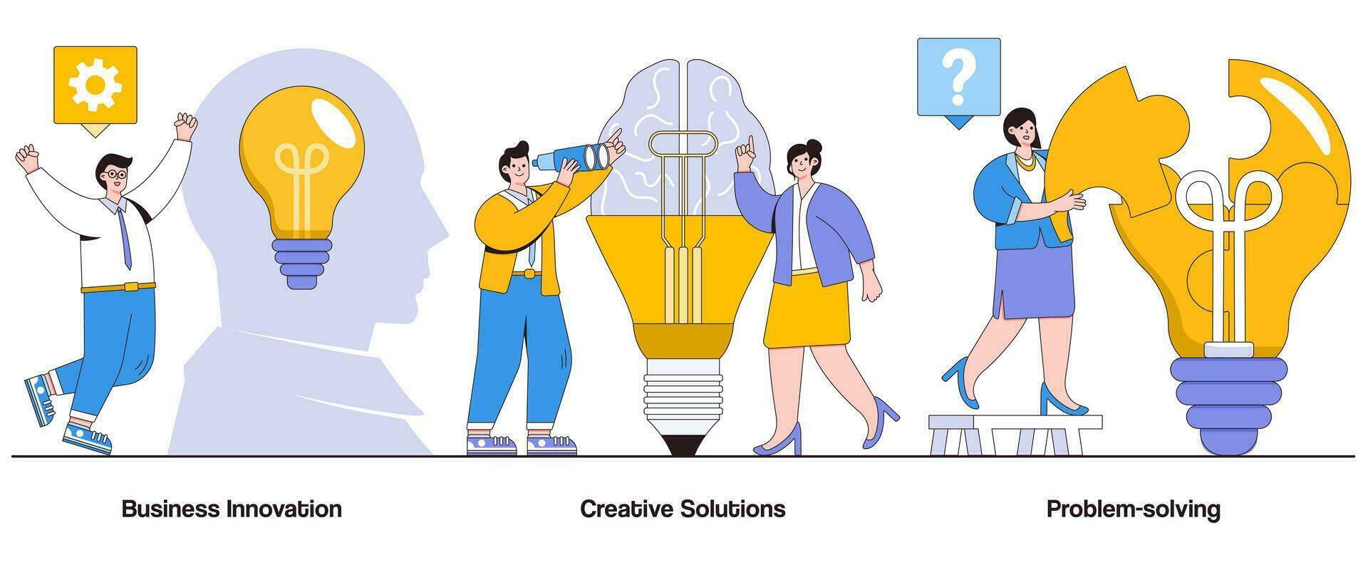 Business innovation, creative solutions, problem-solving concept with character. Innovative mindset abstract vector illustration set. Out-of-the-box thinking, continuous improvement metaphor