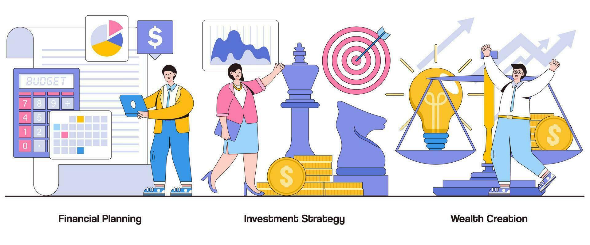 Financial planning, investment strategy, wealth creation concept with character. Business and finance abstract vector illustration set. Market analysis, financial growth, economic expansion metaphor