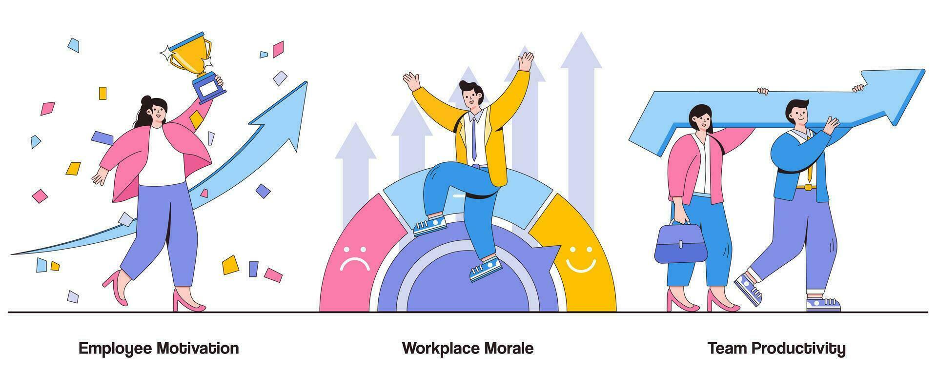 Employee motivation, workplace morale, team productivity concept with character. Motivated workforce abstract vector illustration set. Employee engagement, team synergy, positive work environment