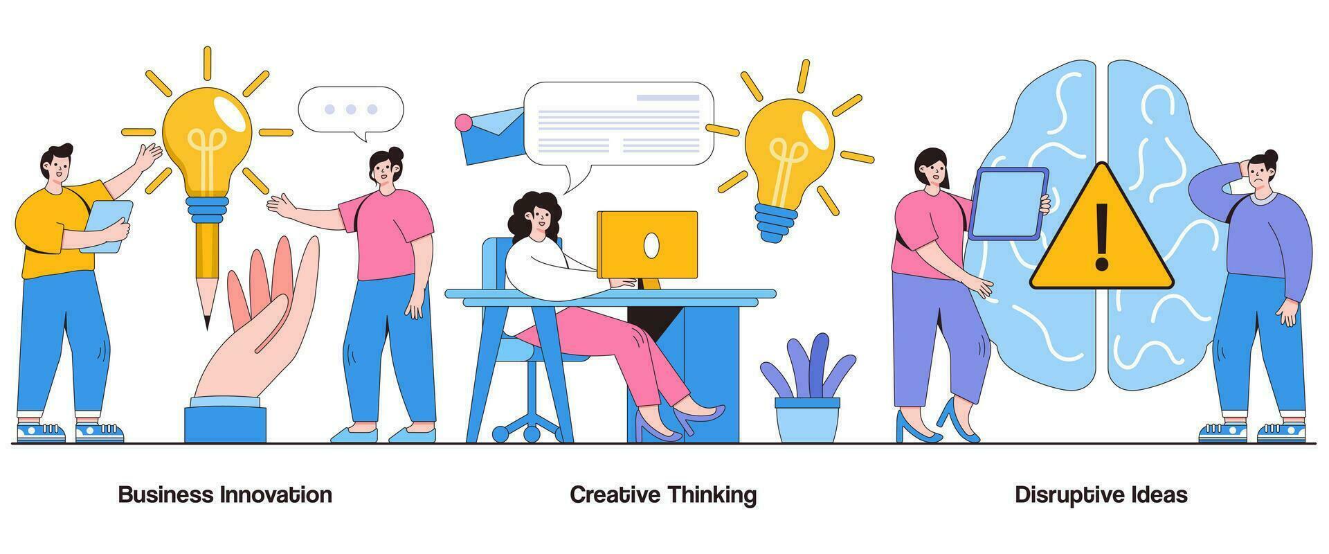 Business innovation, creative thinking, disruptive ideas concept with character. Innovation journey abstract vector illustration set. Out-of-the-box thinking, problem-solving, market disruption