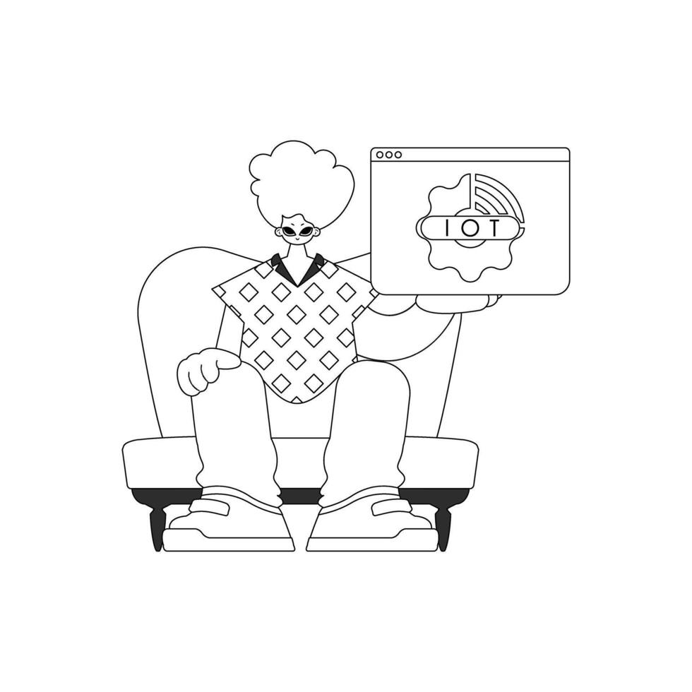 illustrationIllustration of a guy holding an IoT logo, in a linear style vector