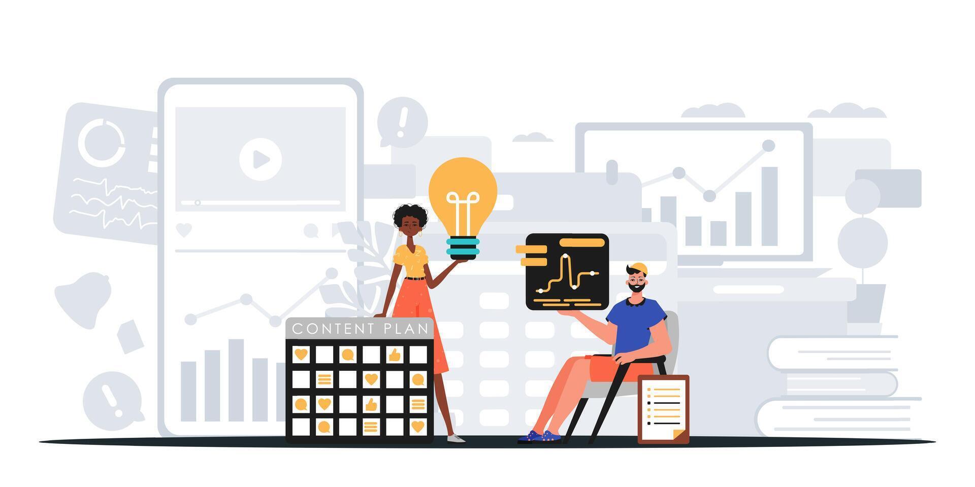 Two people are sitting at a table with a laptop and a light bulb vector