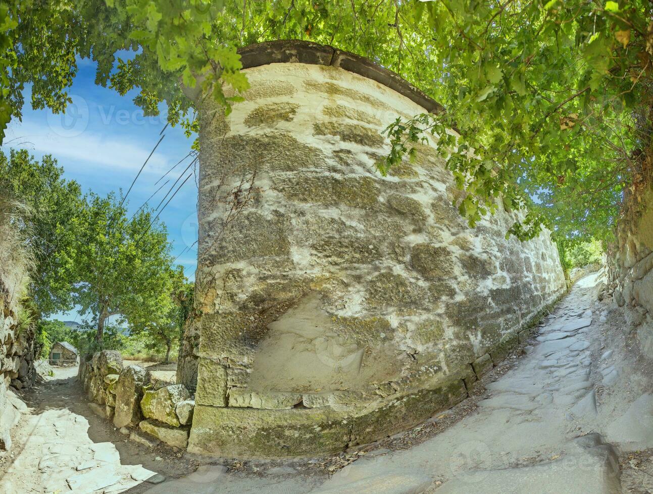 Panoramic picture along footpath with overgrown old natural stone wall photo