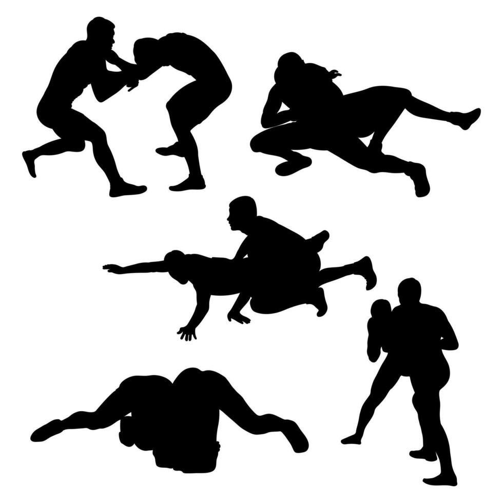 conjunto de siluetas personas lucha, mma luchadores greco romano lucha, luchar, combatiendo, lucha, aferramiento, duelo, mezclado marcial arte, deportividad vector