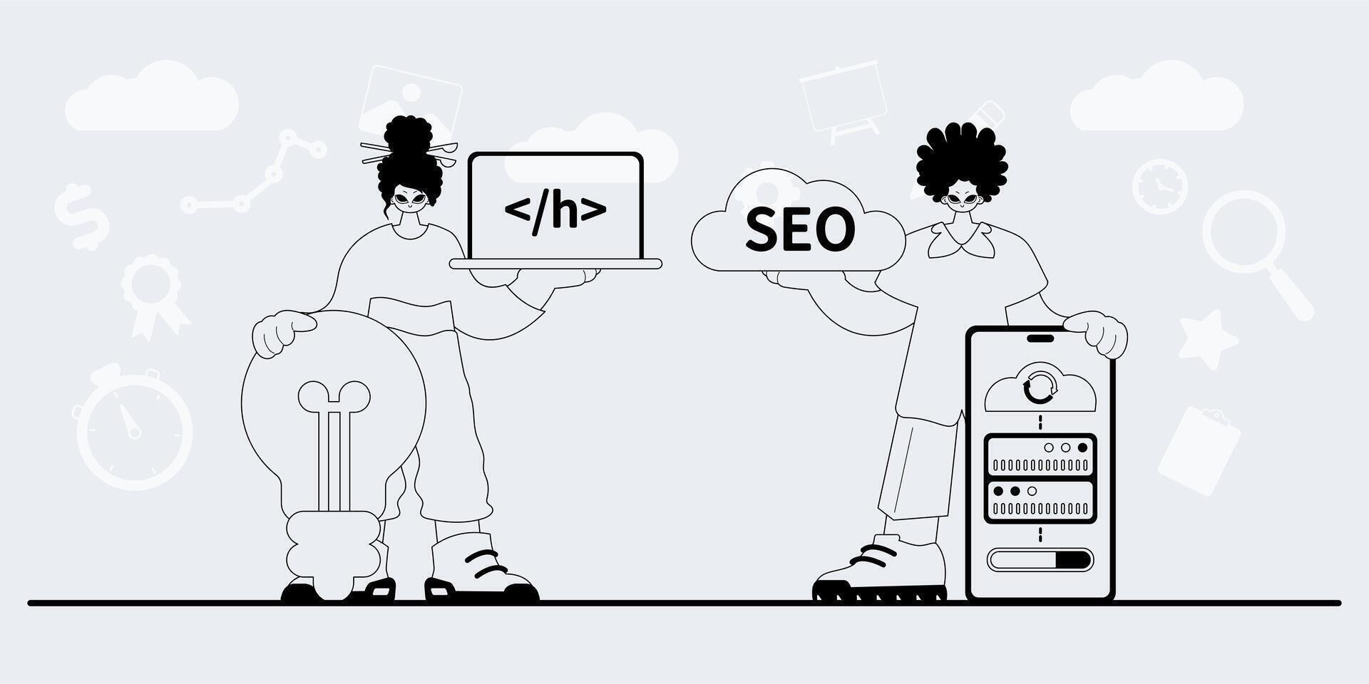 Two people holding laptops with the words seo and cloud vector