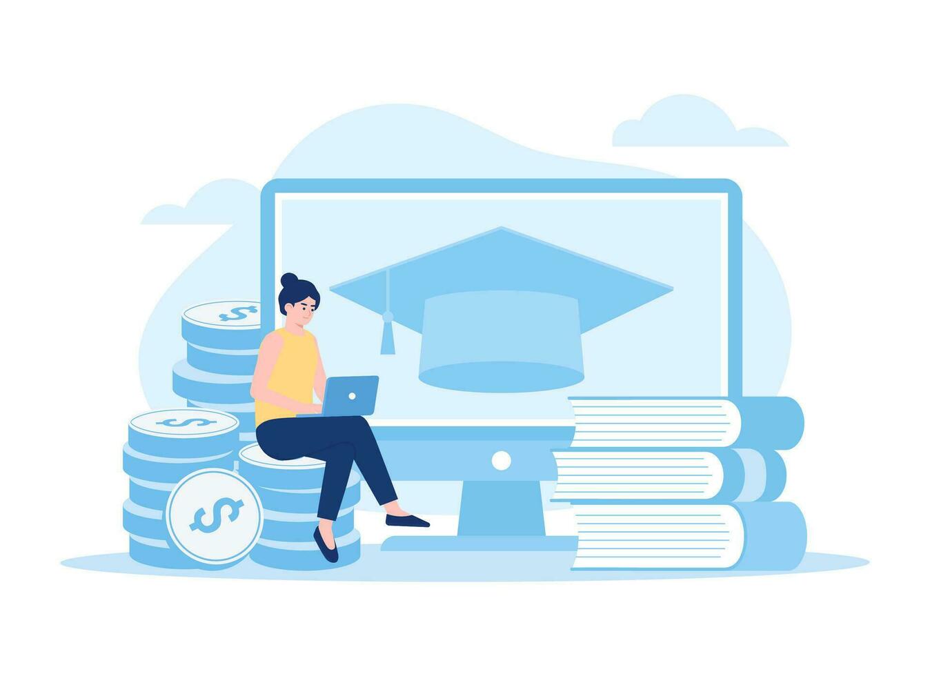 A woman studying on internet, taking online course concept flat illustration vector