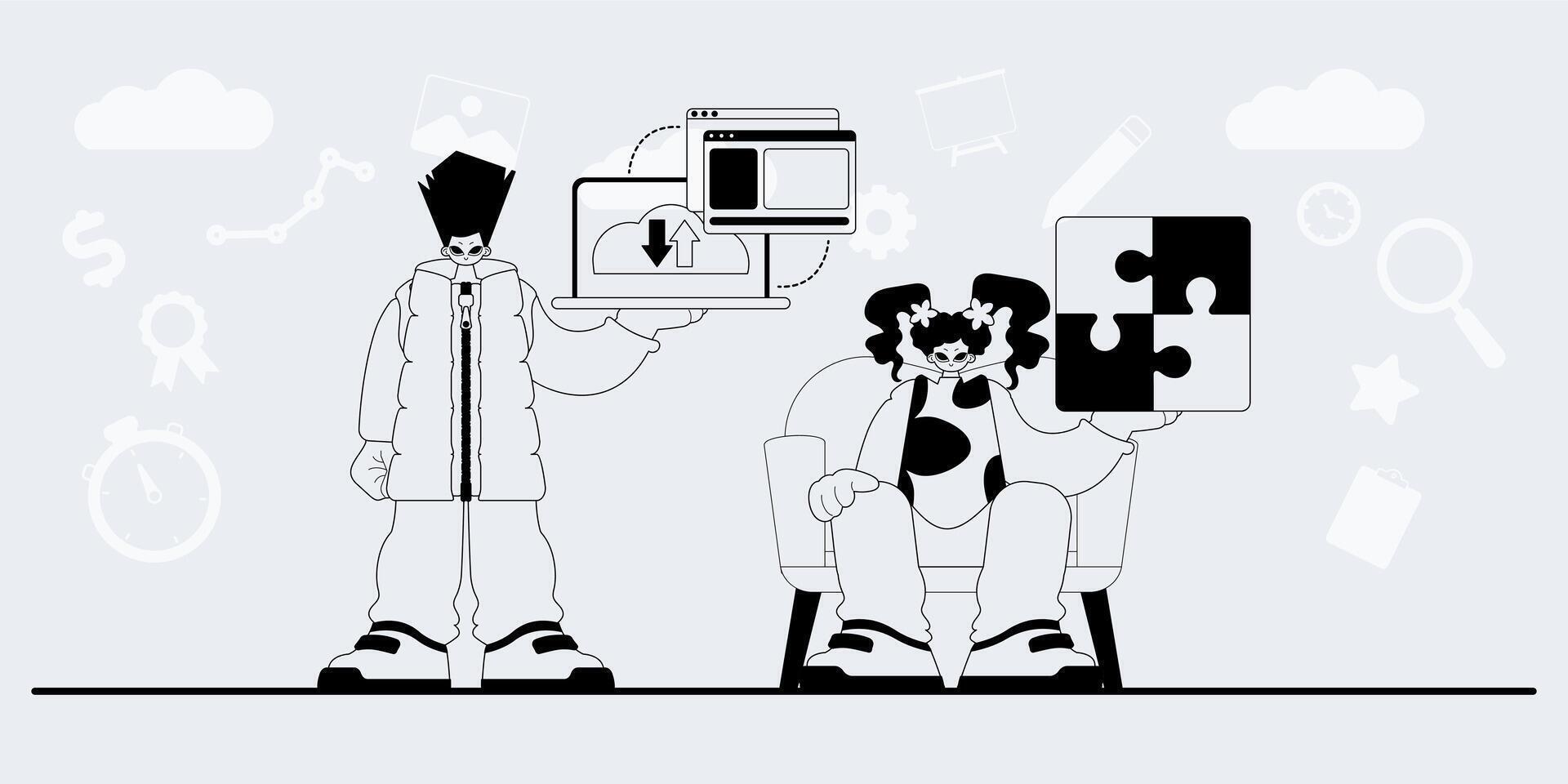 A cartoon of two people holding up puzzle pieces vector
